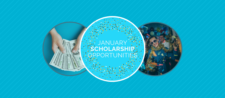 Circles with money, woman partying, and January scholarship opportunities